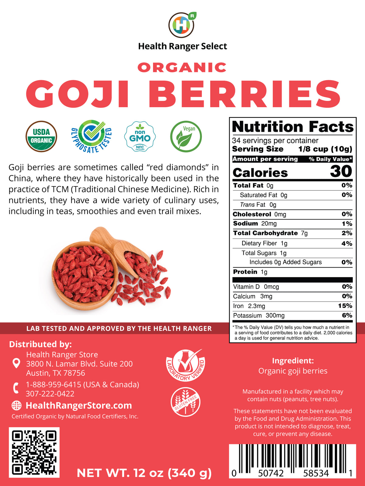 Organic Goji Berries 12 oz (340g)