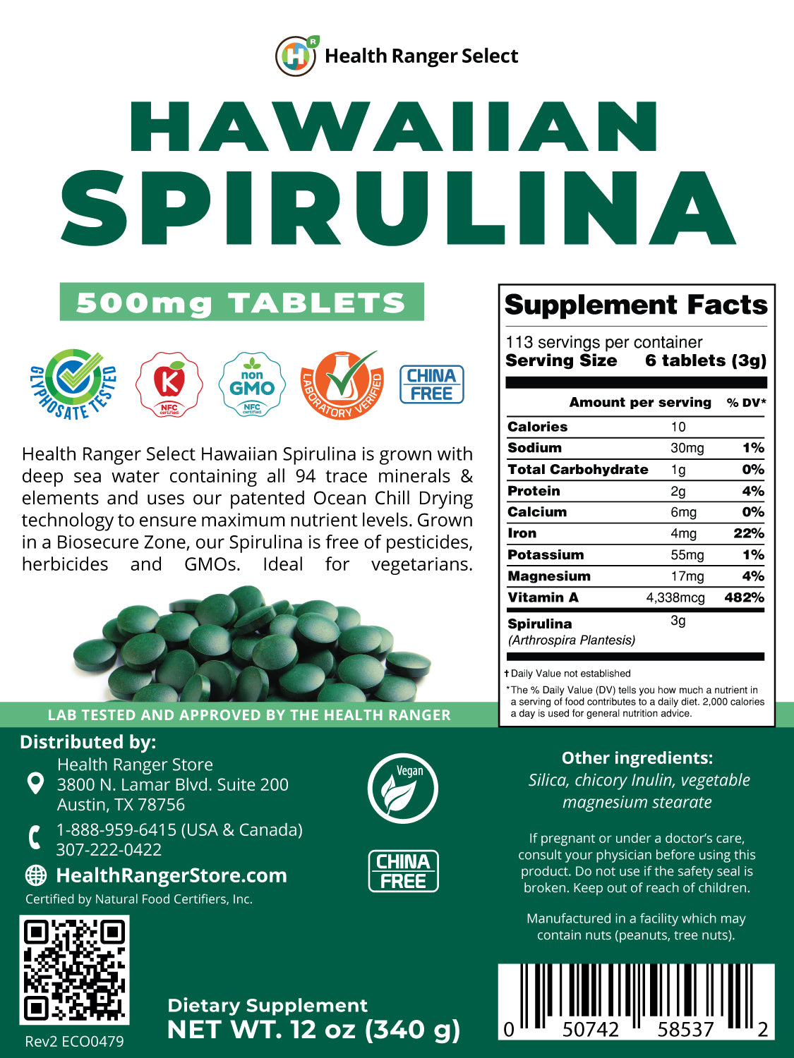 Hawaiian Spirulina Cold Pressed 500mg Tablets 12 oz (340g)