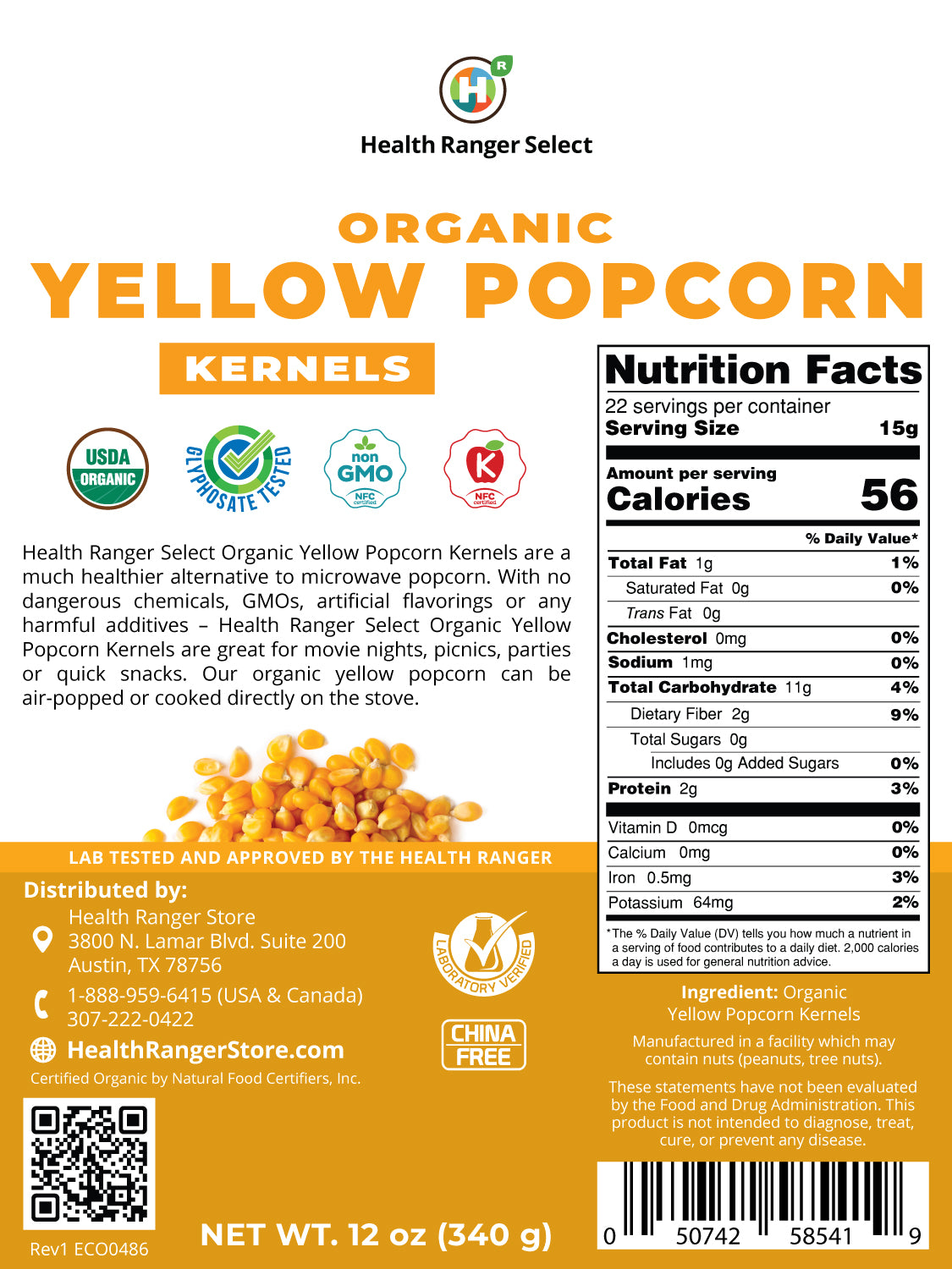 Organic Yellow Popcorn Kernels 12oz (340g)