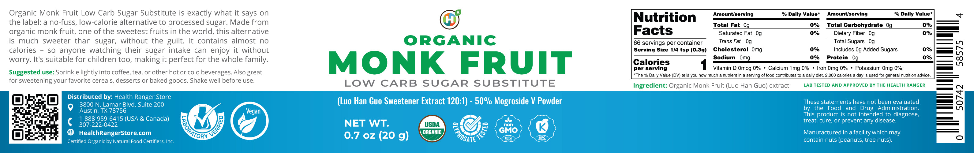 Organic Monk Fruit Extract Powder - Low Carb Sugar Substitute 0.7oz (20g)
