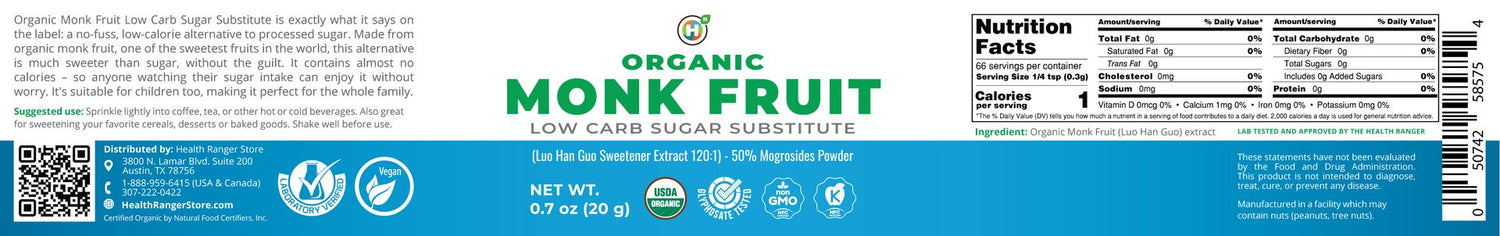 Organic Monk Fruit Extract Powder - Low Carb Sugar Substitute 0.7oz (20g)