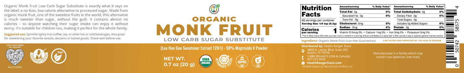 Organic Monk Fruit Extract Powder - Low Carb Sugar Substitute 0.7oz (20g)
