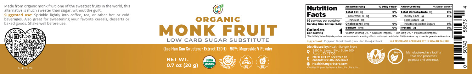 Organic Monk Fruit Extract Powder - Low Carb Sugar Substitute 0.7oz (20g)
