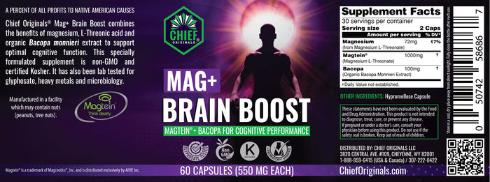 Mag+ Brain Boost Nootropic (Magtein + Bacopa for Cognitive Performance) 60 Capsules (550mg Each)