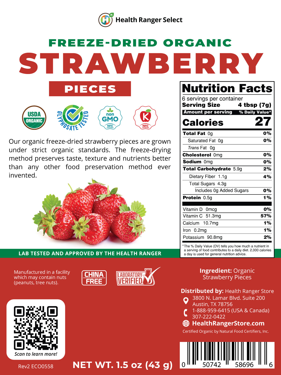 Freeze-Dried Organic Strawberry Pieces 1.5 oz (43 g) – Health