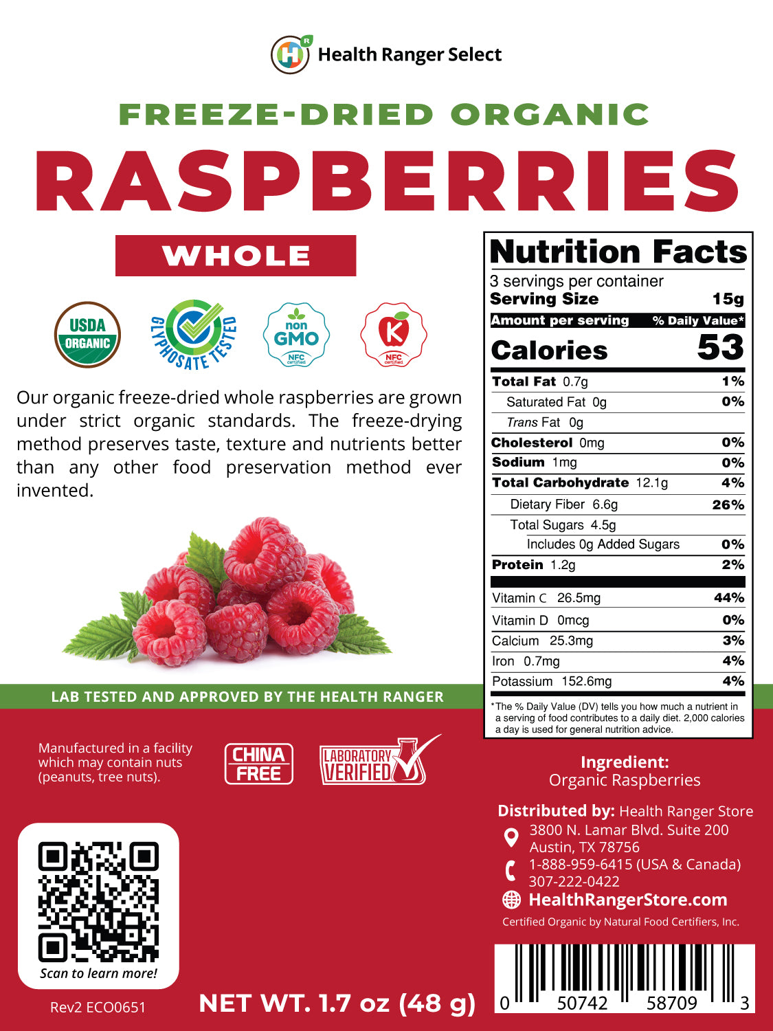 Organic Freeze-Dried Whole Raspberries 1.7 oz (48g)
