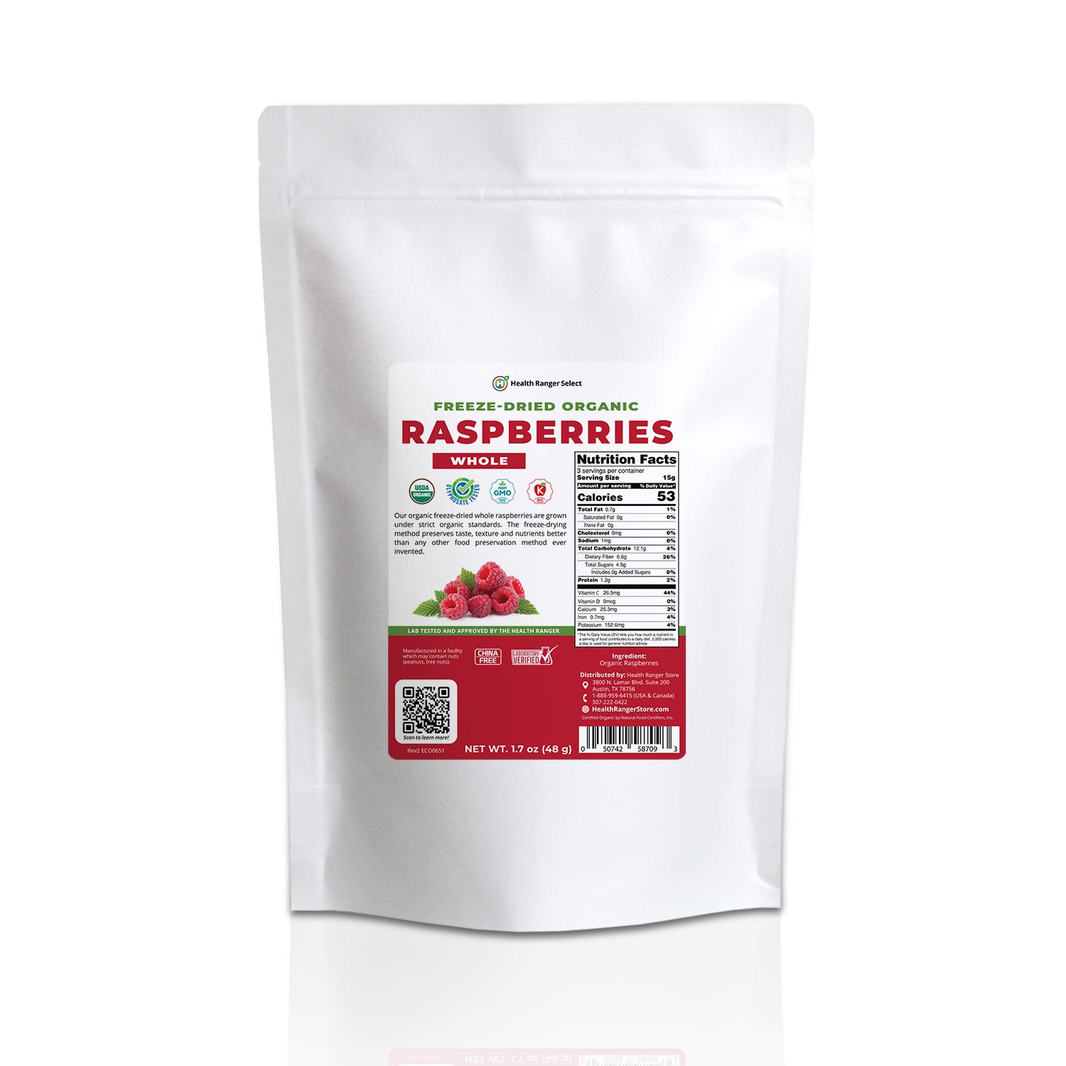 Organic Freeze-Dried Whole Raspberries 1.7 oz (48g)