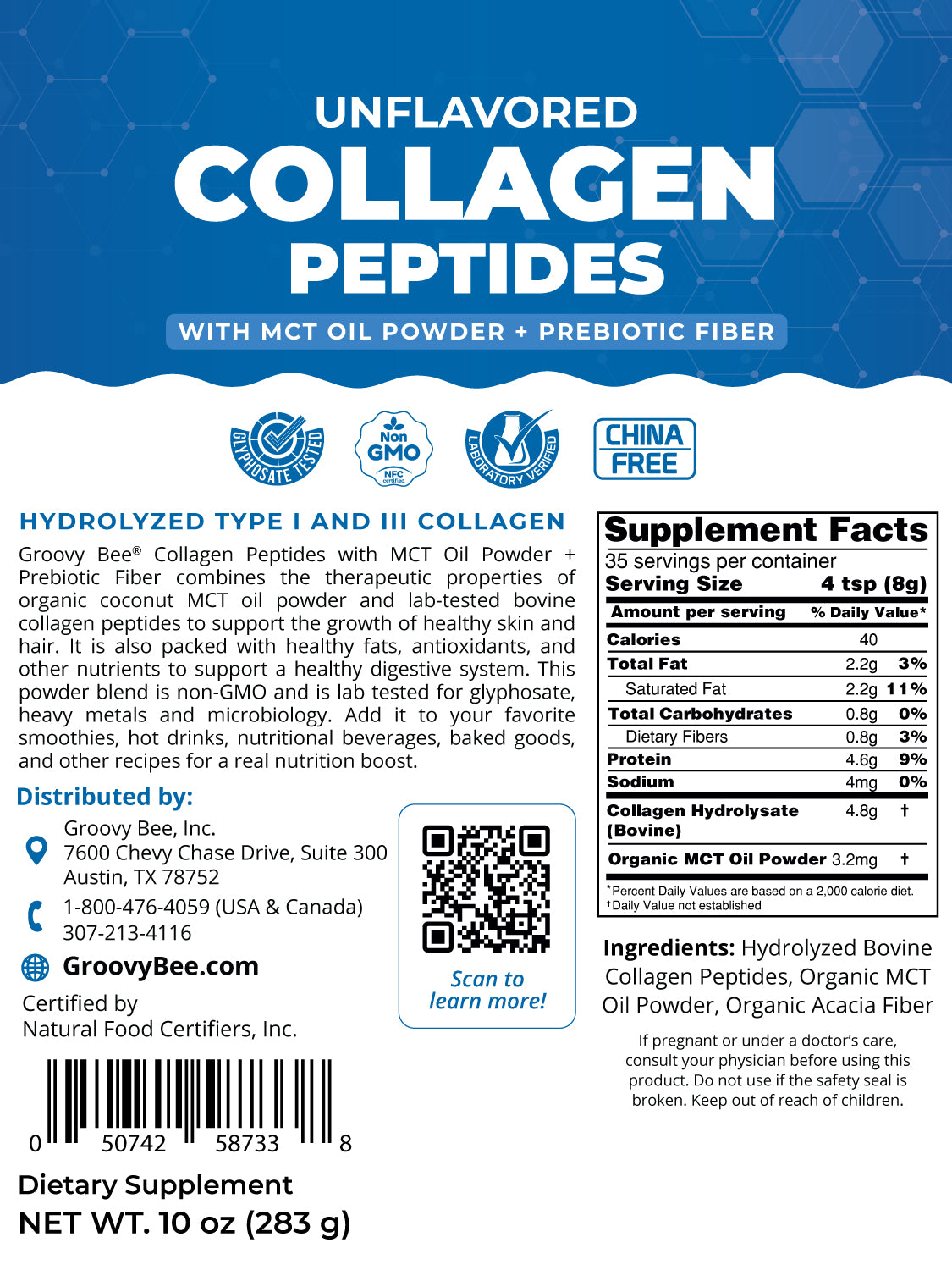 Collagen Peptides + MCT Oil Powder + Prebiotic Fiber - Unflavored 10 oz (283g)