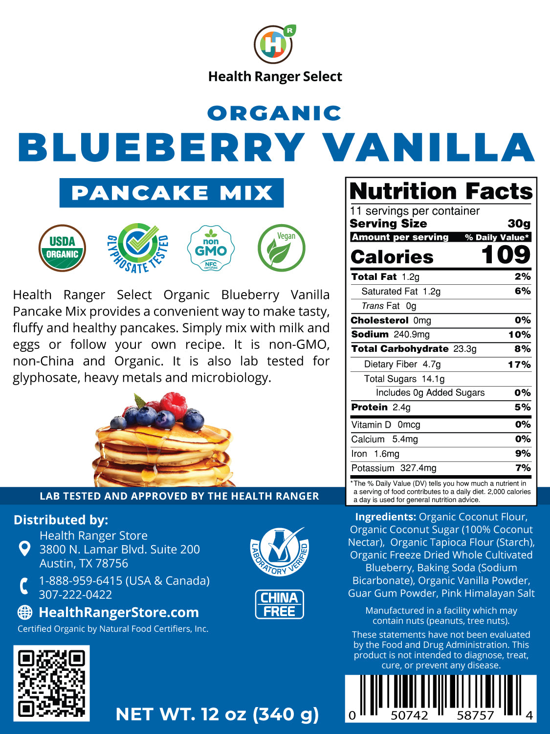 Gluten Free Organic Blueberry Vanilla Pancake Mix 12 oz (340g)