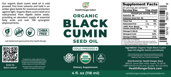 Organic Black Cumin Seed Oil 4oz (118 ml)