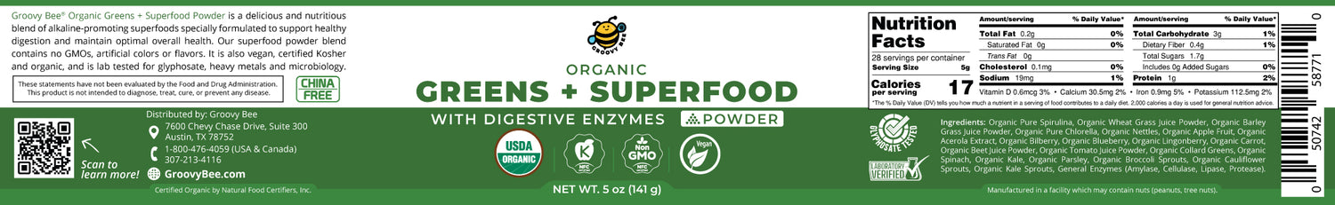 Organic Greens + Superfood Powder With Digestive Enzymes 5 oz (141 g)