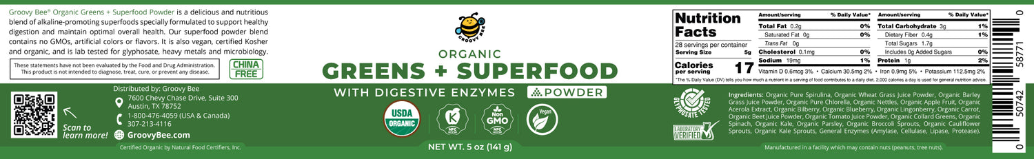 Organic Greens + Superfood Powder With Digestive Enzymes 5 oz (141 g) (6-Pack)