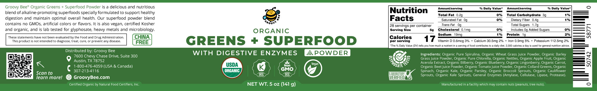 Organic Greens + Superfood Powder With Digestive Enzymes 5 oz (141 g) (3-Pack)