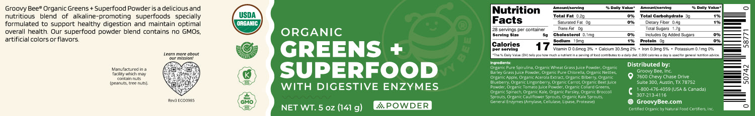 Organic Greens + Superfood Powder With Digestive Enzymes 5 oz (141 g)