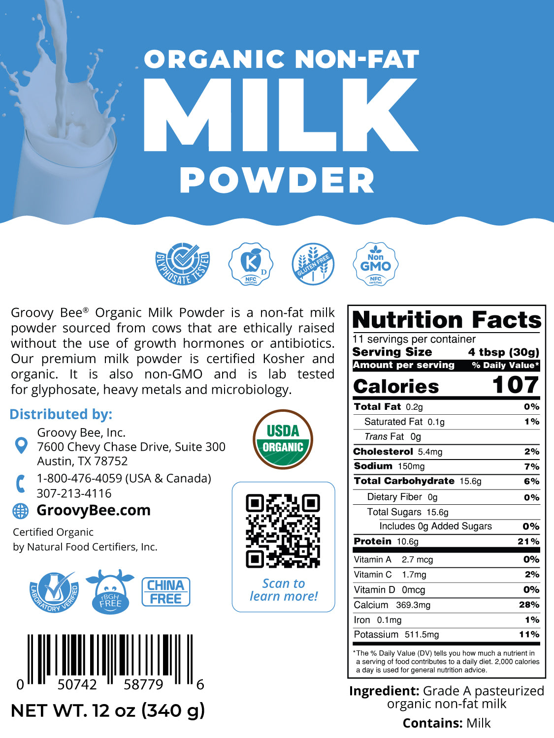 Organic Non-Fat Milk Powder 12 oz (340 g)