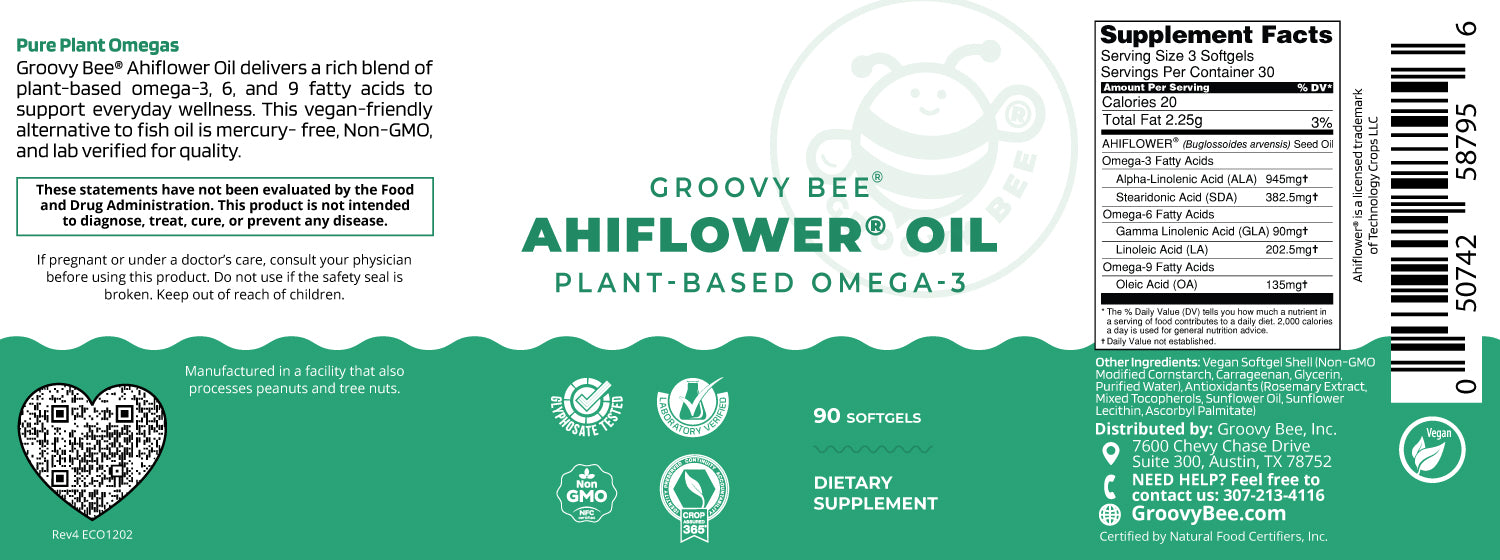 Groovy Bee® Ahiflower Oil 90 Softgels - Plant-Based Omega 3-6-9