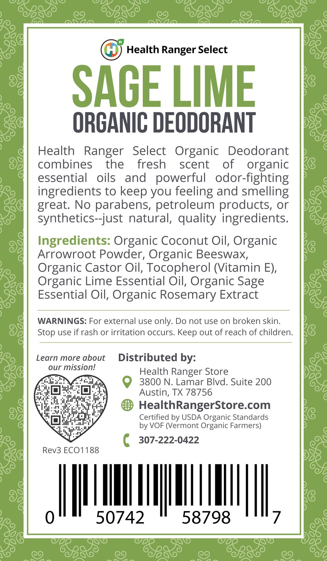 Organic Sage Lime Deodorant 3 oz (90 g)