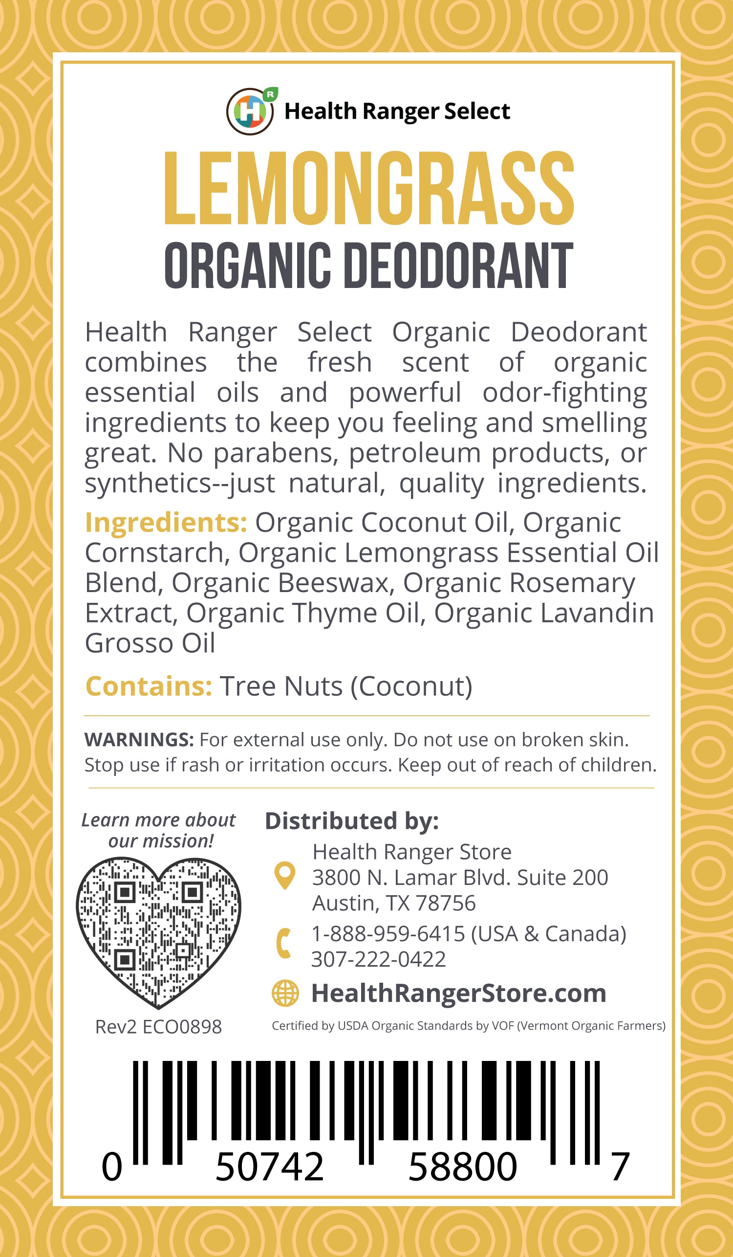 Organic Lemongrass Deodorant 3oz (90g)