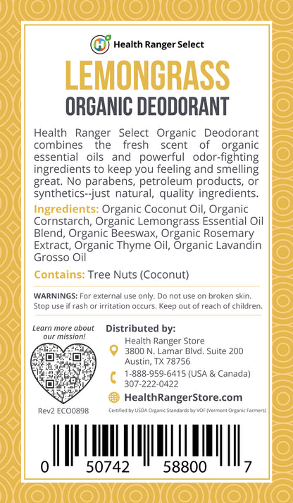 Organic Lemongrass Deodorant 3oz (90g)