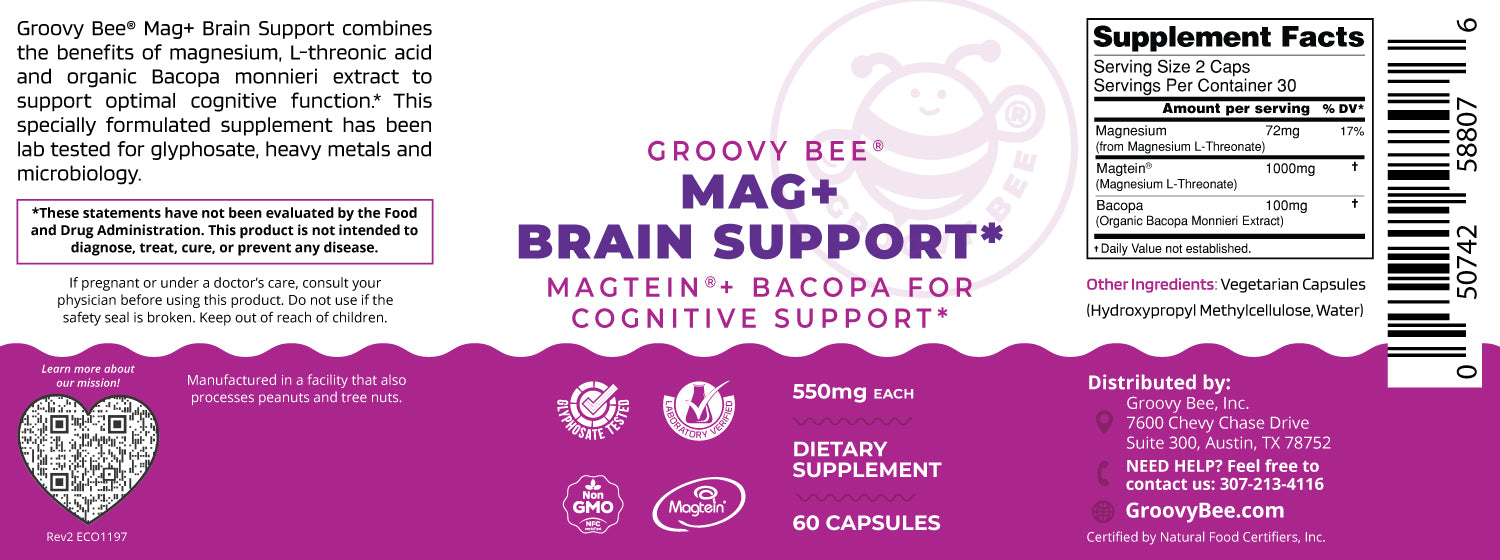 Mag+ Brain Boost Nootropic (Magtein + Bacopa for Cognitive Performance) 60 Capsules (550mg Each)