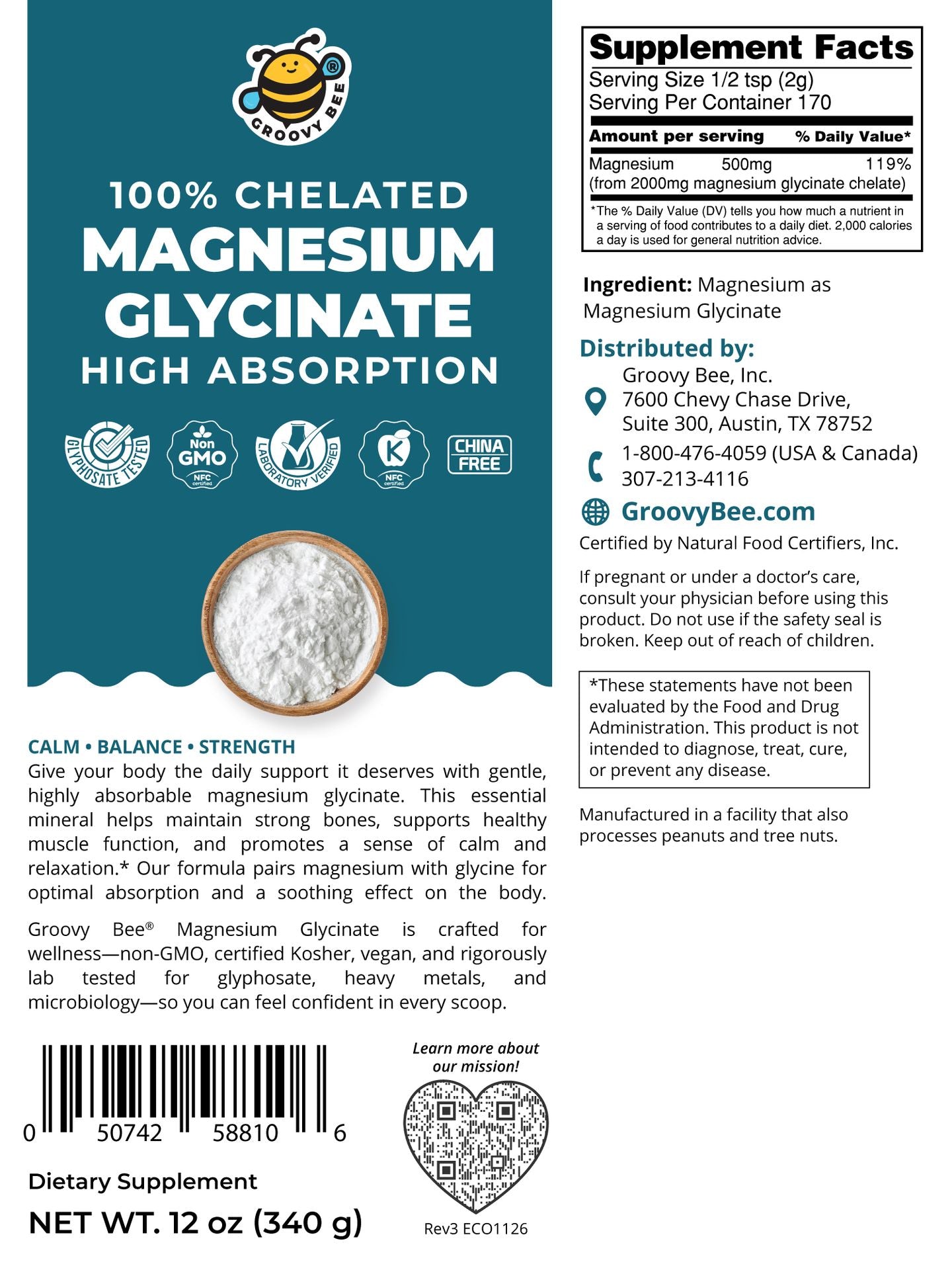 Magnesium Glycinate High Absorption Powder 12 oz (340 g)