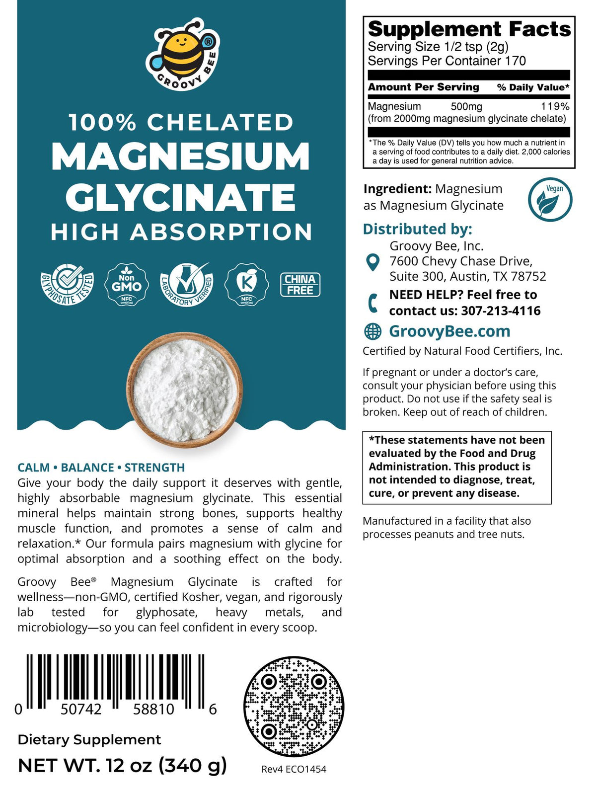 Magnesium Glycinate High Absorption Powder 12 oz (340 g)