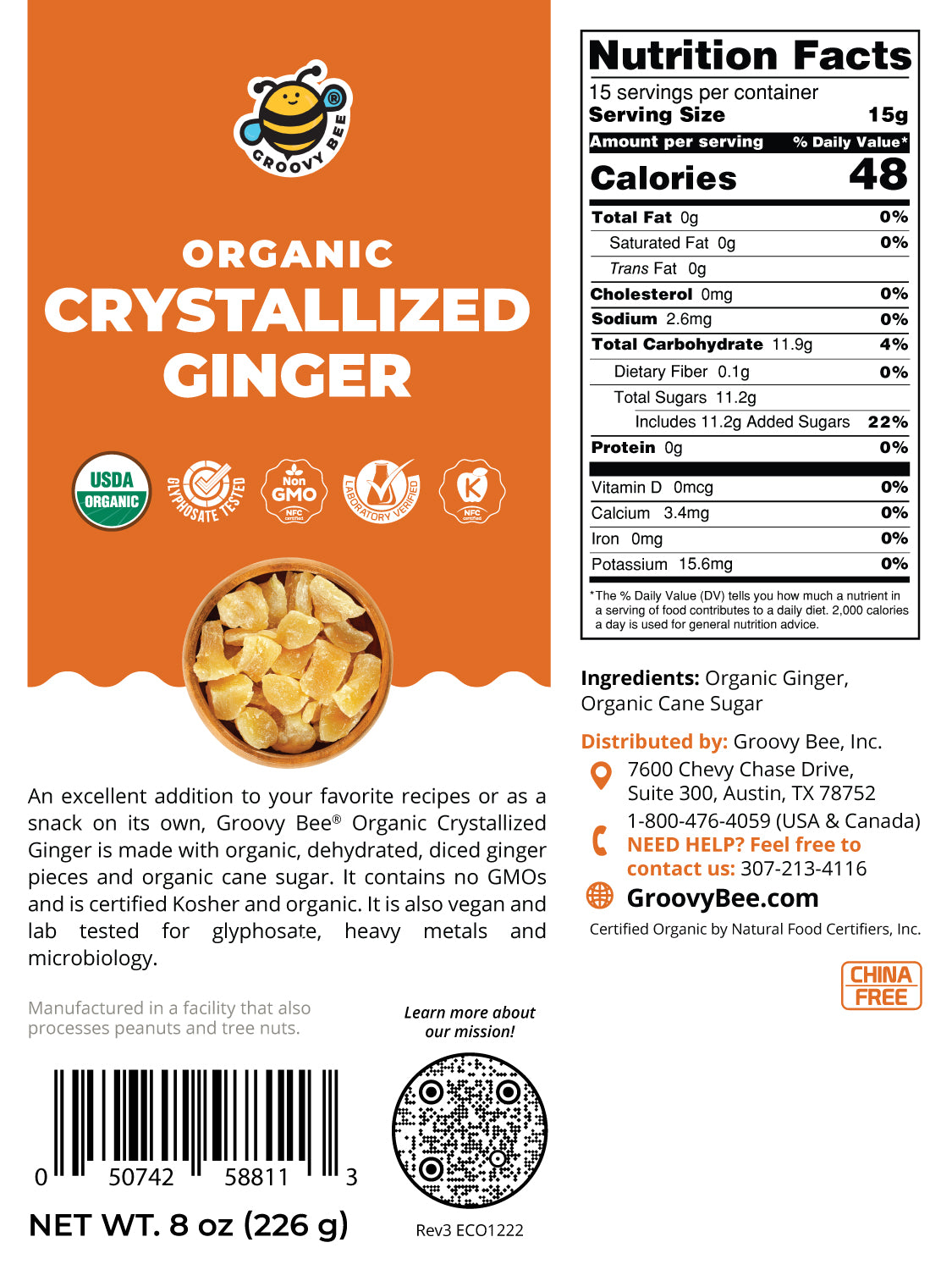 Organic Crystallized Ginger 8 oz (226 g)