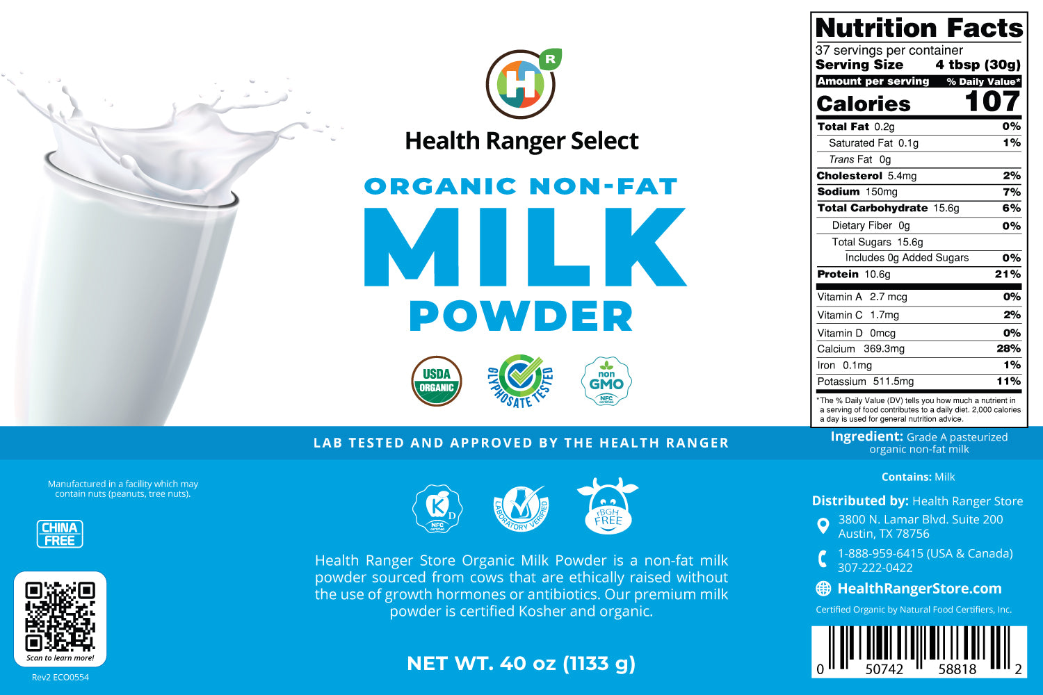 Organic Non-Fat Milk Powder (40 oz, 1133g) 