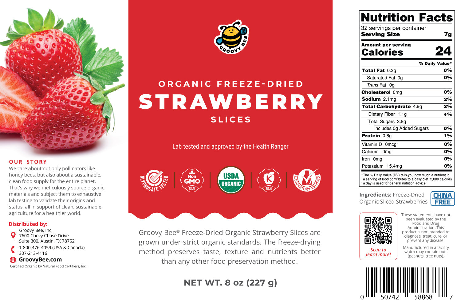 Groovy Bee® Organic Freeze-Dried Strawberry Slices (8 oz, 227g) 