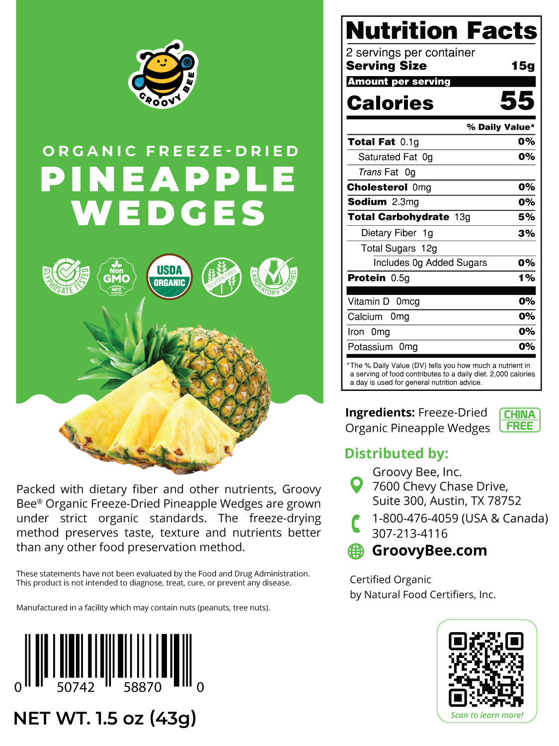 Groove Bee® Organic Freeze-Dried Pineapple Wedges 1.5 oz (43g)