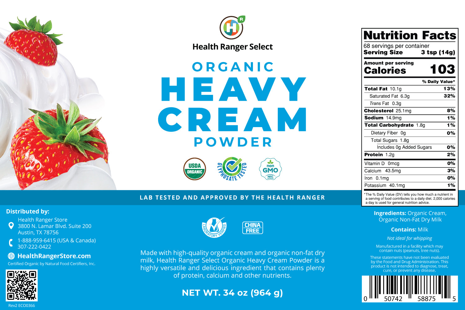 Organic Heavy Cream Powder (34oz, 