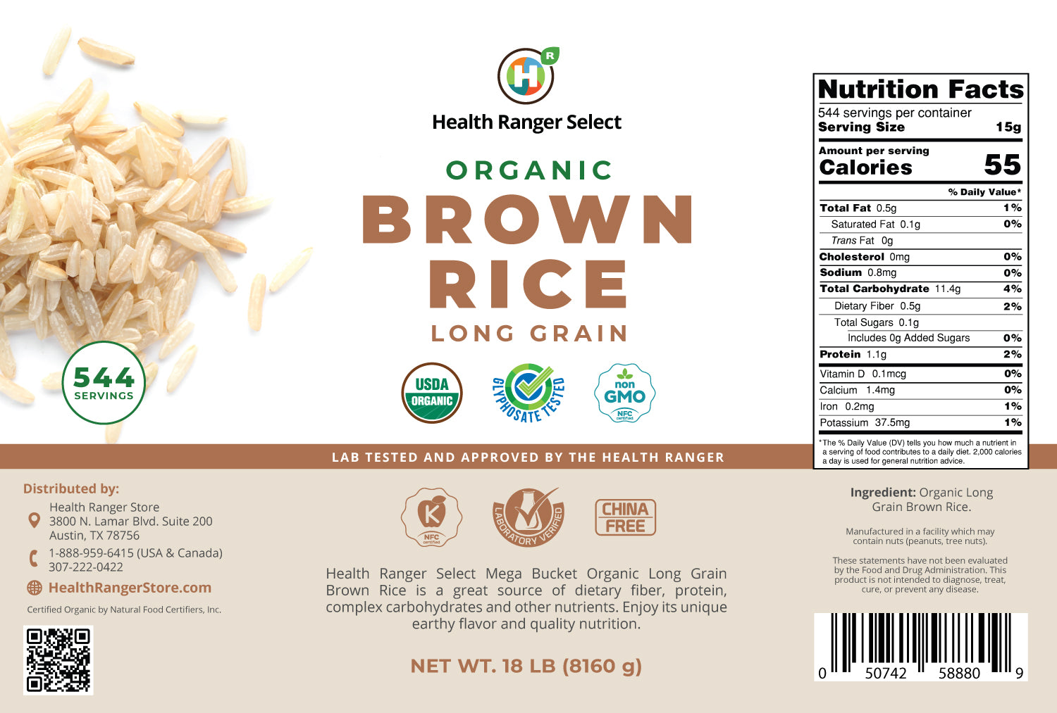Mega Bucket Organic Long Grain Brown Rice 18LB (8160g) – Health Ranger ...