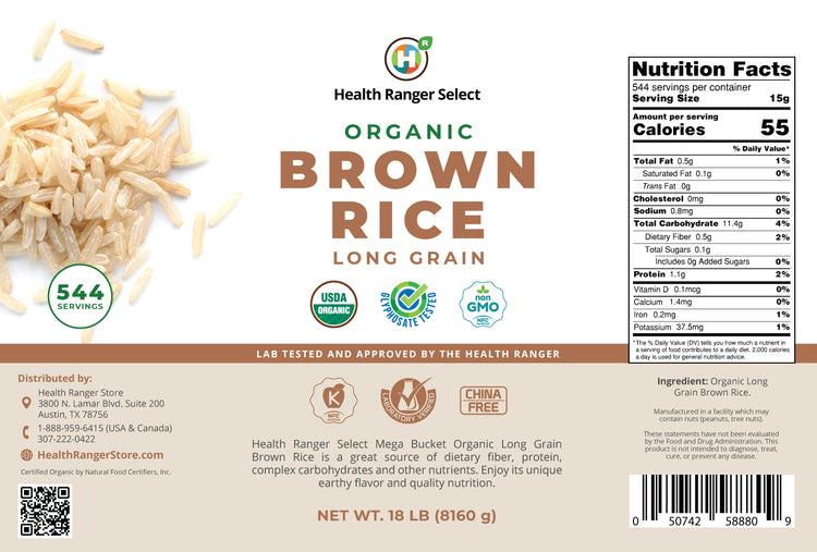 Mega Bucket Organic Long Grain Brown Rice 18LB (8160g) – Health Ranger ...