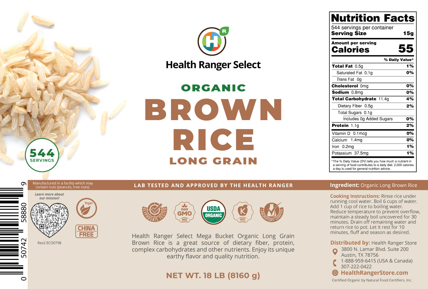 Mega Bucket Organic Long Grain Brown Rice 18LB (8160g) – Health Ranger ...