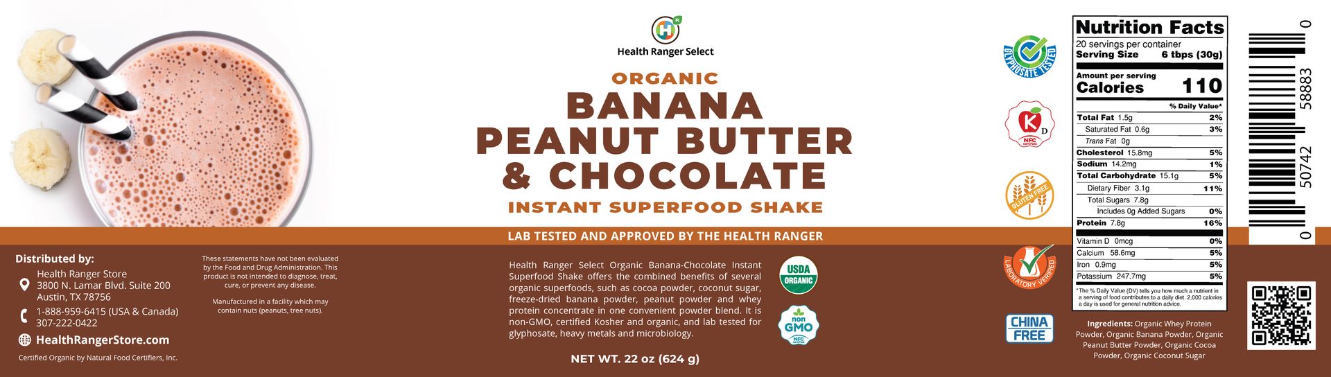 Organic Banana Peanut Butter &amp; Chocolate Instant Superfood Shake  22 oz (624g)