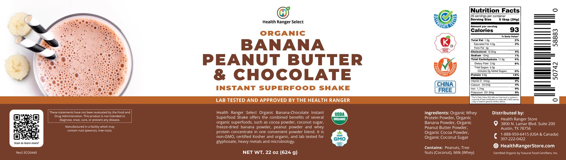 Organic Banana Peanut Butter &amp; Chocolate Instant Superfood Shake  22 oz (624g)