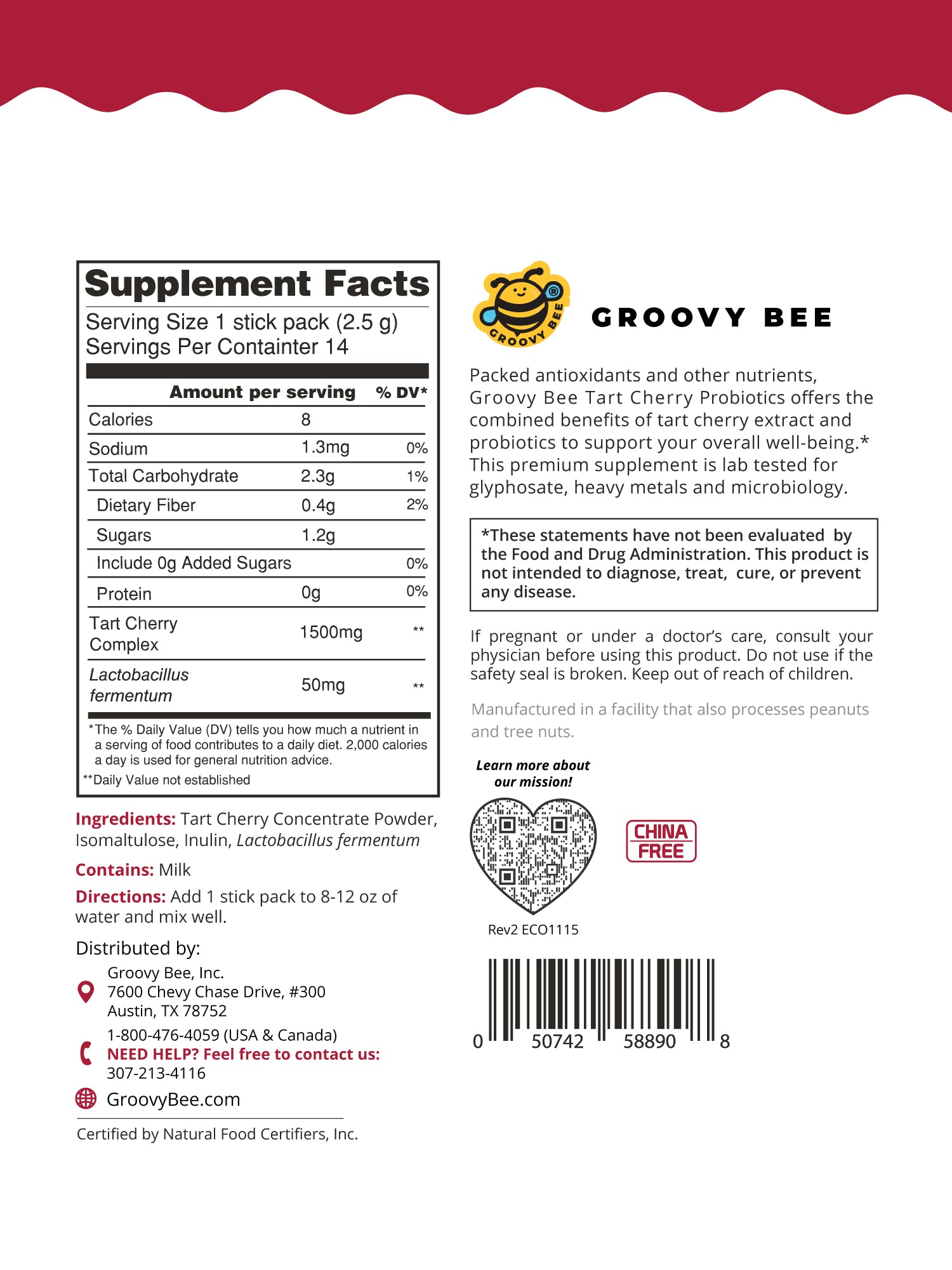 Tart Cherry Probiotics Drink Mix (14 counts) 1.24 oz (35g)