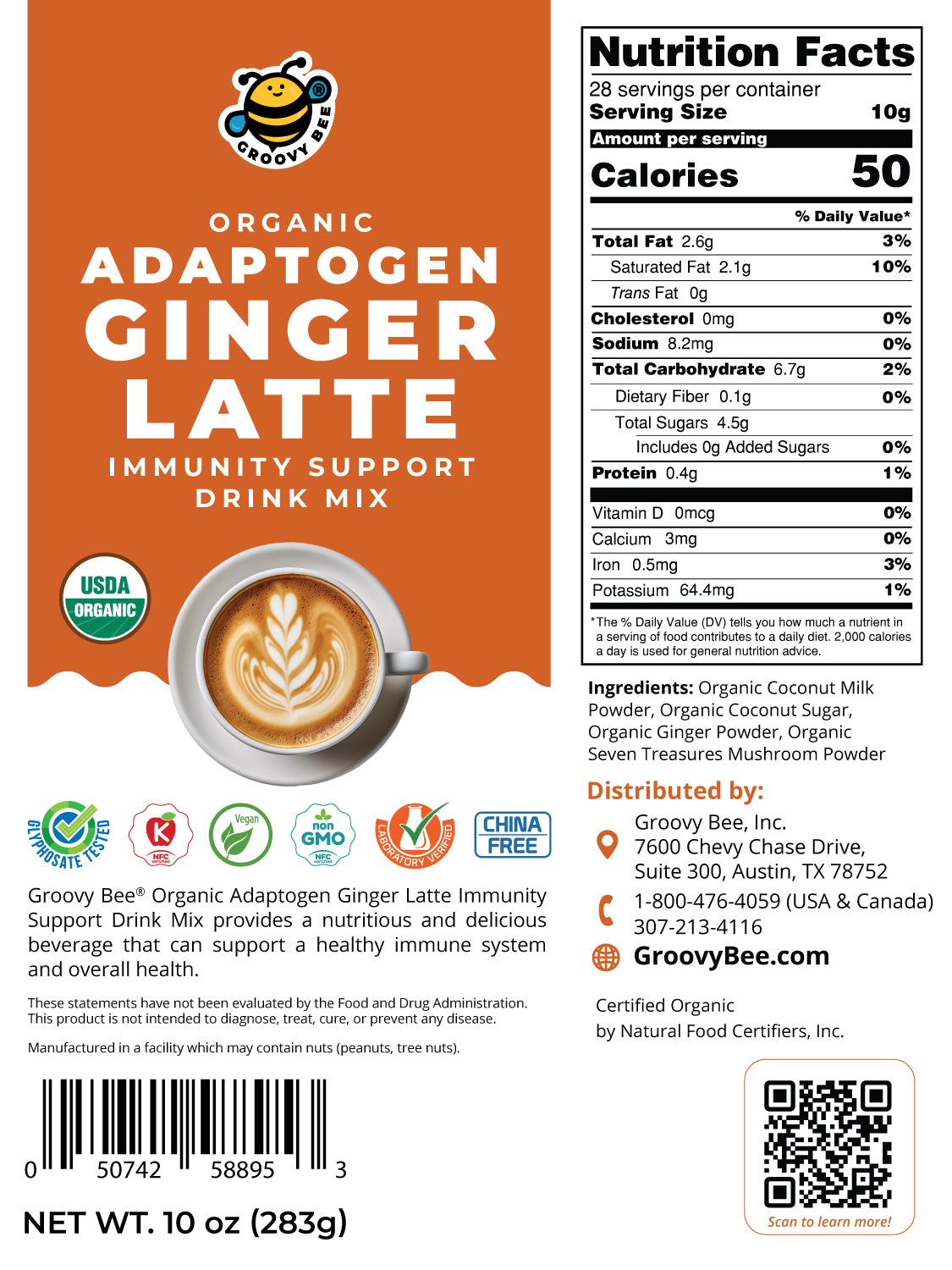Organic Adaptogen Ginger Latte - Immune Support Drink Mix 10 oz (283g)