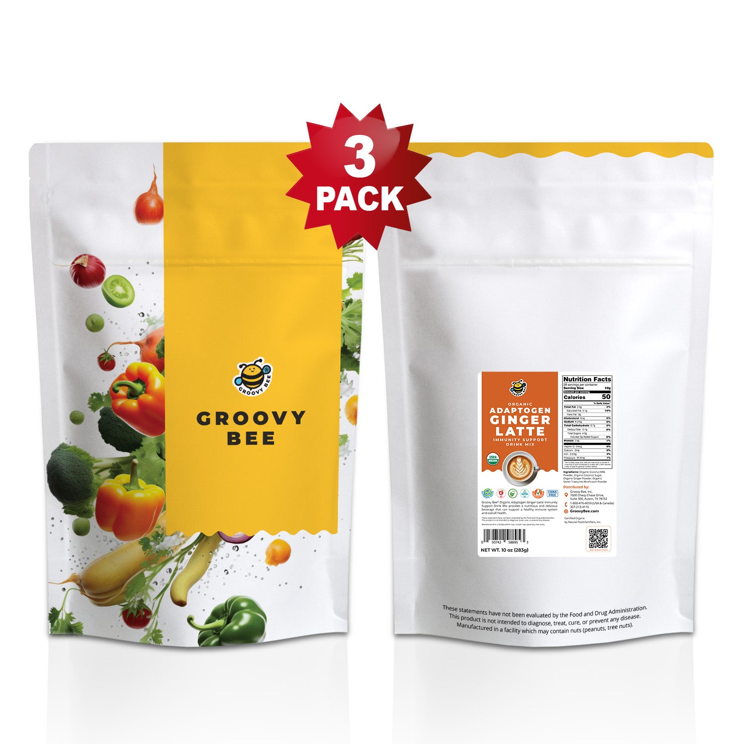 Organic Adaptogen Ginger Latte - Immune Support Drink Mix 10 oz (283g) (3-Pack)