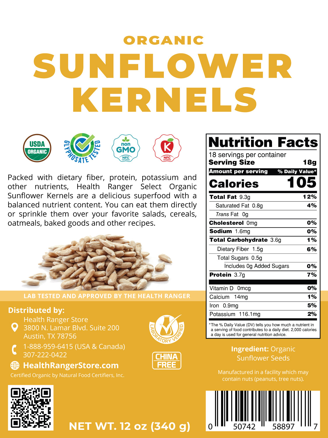 Organic Sunflower Kernel 12 oz (340 g)