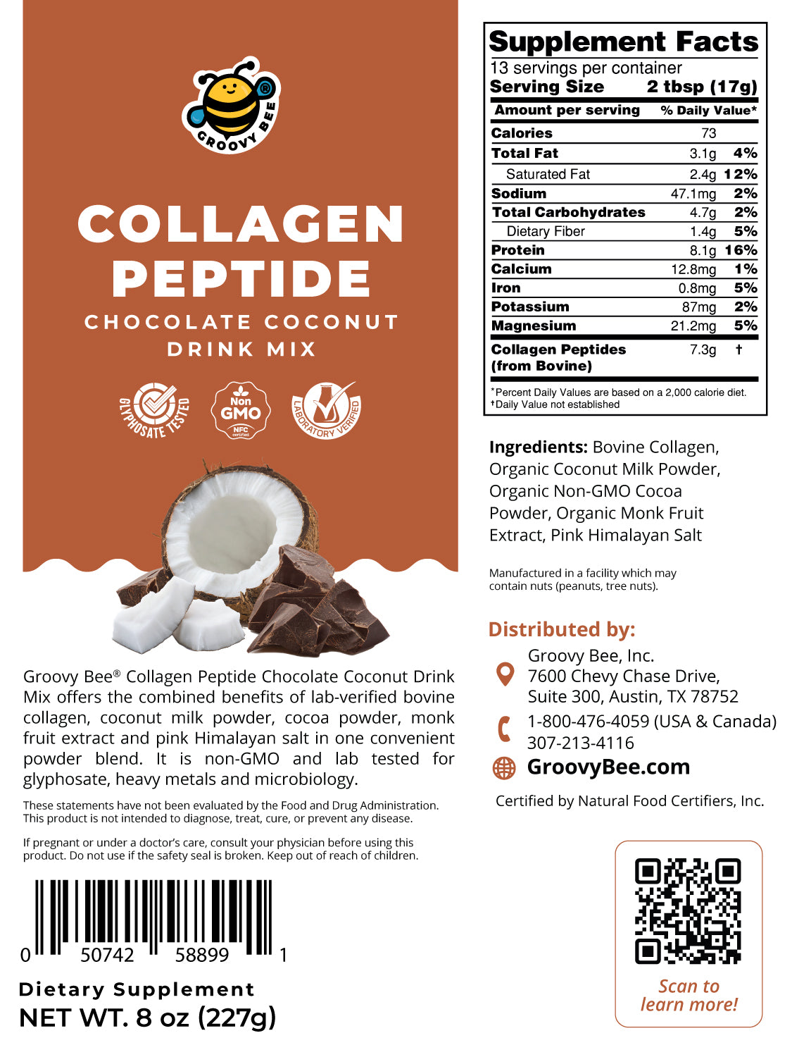 Collagen Peptide Chocolate Coconut Drink Mix 8oz (227g) (6-Pack)
