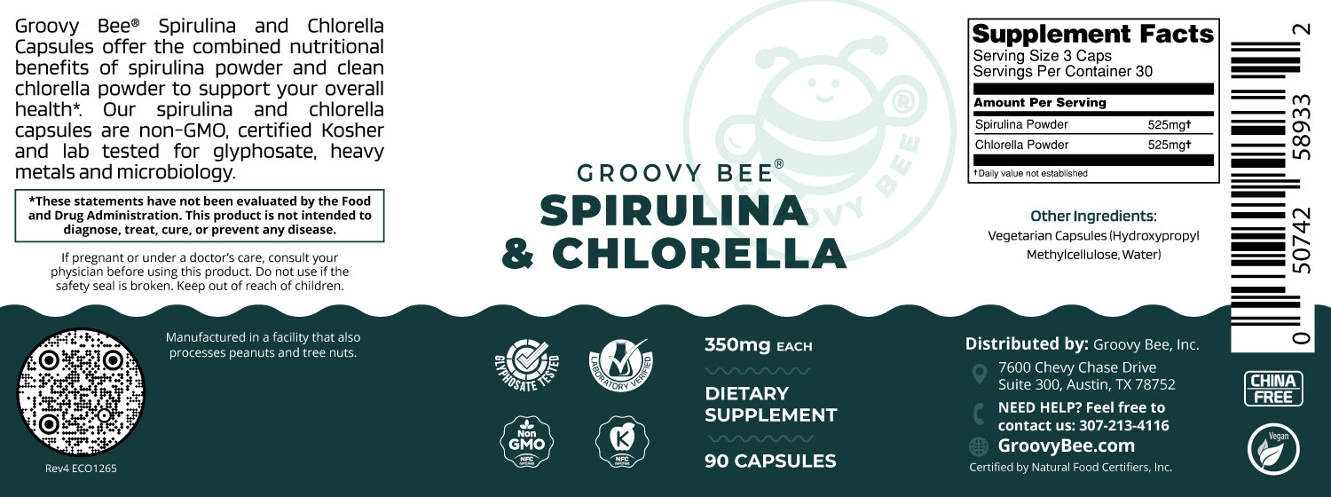 Spirulina and Chlorella Capsules 90 Caps (350 mg Each)