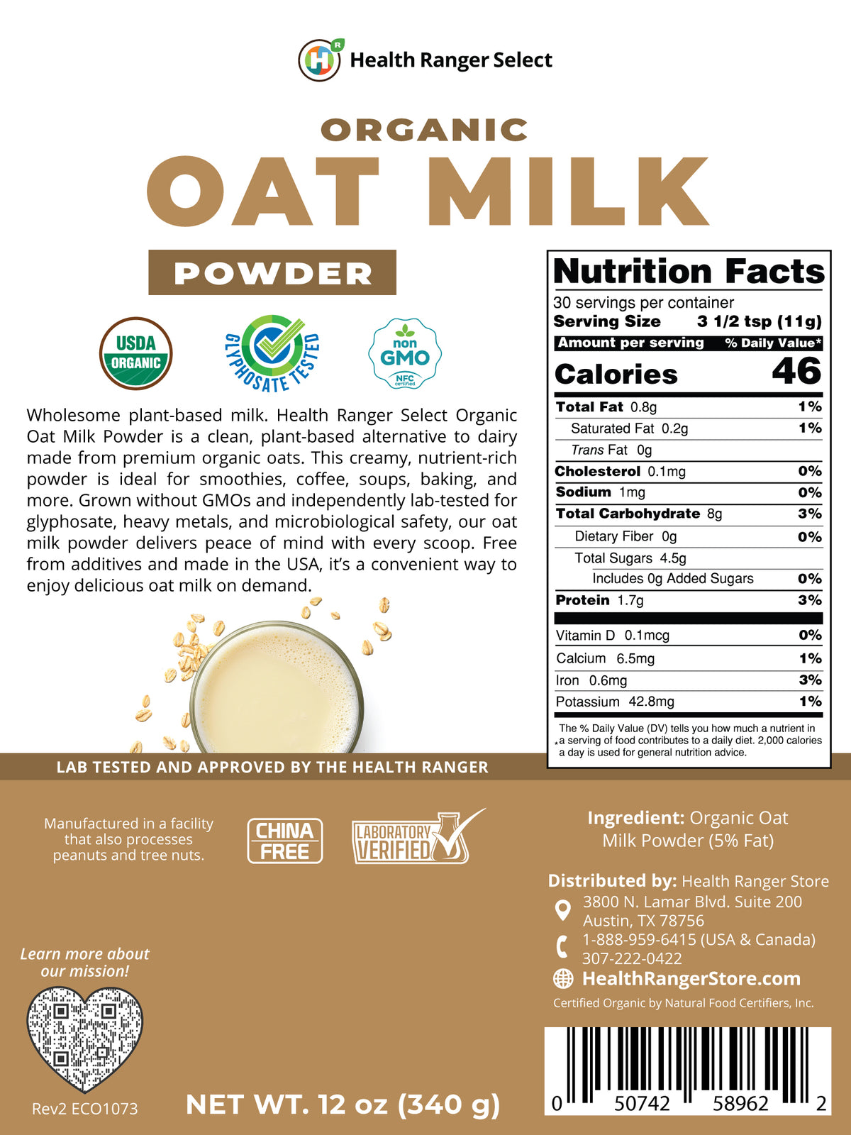 Organic Oat Milk Powder 12 oz (340g)