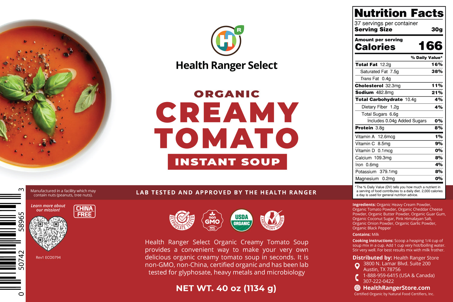 Organic Creamy Tomato Instant Soup 40 oz (1134g) 