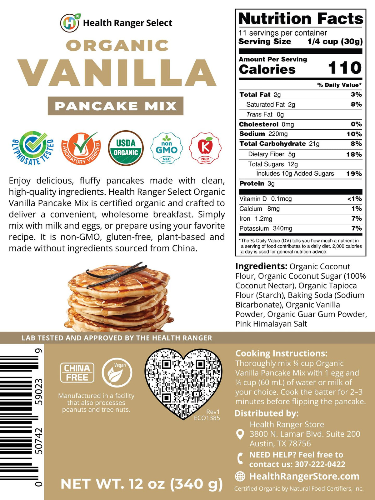 Organic Vanilla Pancake Mix 12 oz (340g)