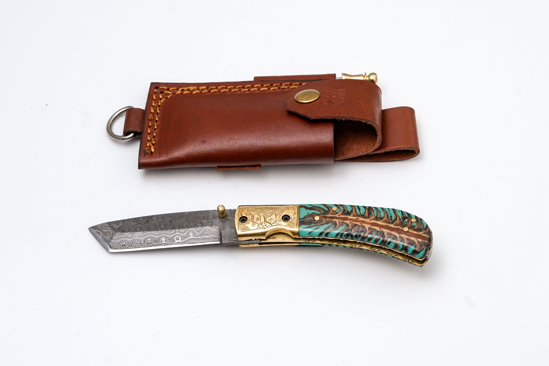 Hand-Forged Damascus Tanto Folder | Teal Pine Cone Handle with Engraved Brass Bolster &amp; Fire Starter - TF-072