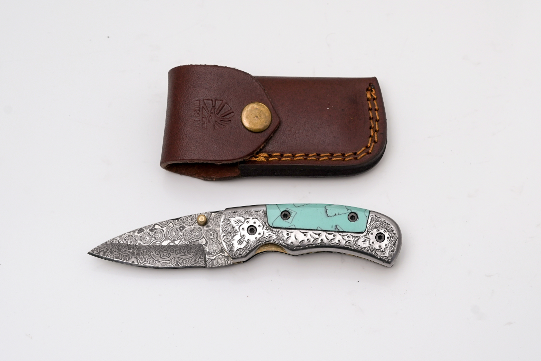 Hand-Forged Damascus Folder | Turquoise Handle, Engraved Bolster &amp; Intricate Scrollwork - TF-076