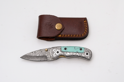 Hand-Forged Damascus Folder | Turquoise Handle, Engraved Bolster &amp; Intricate Scrollwork - TF-076
