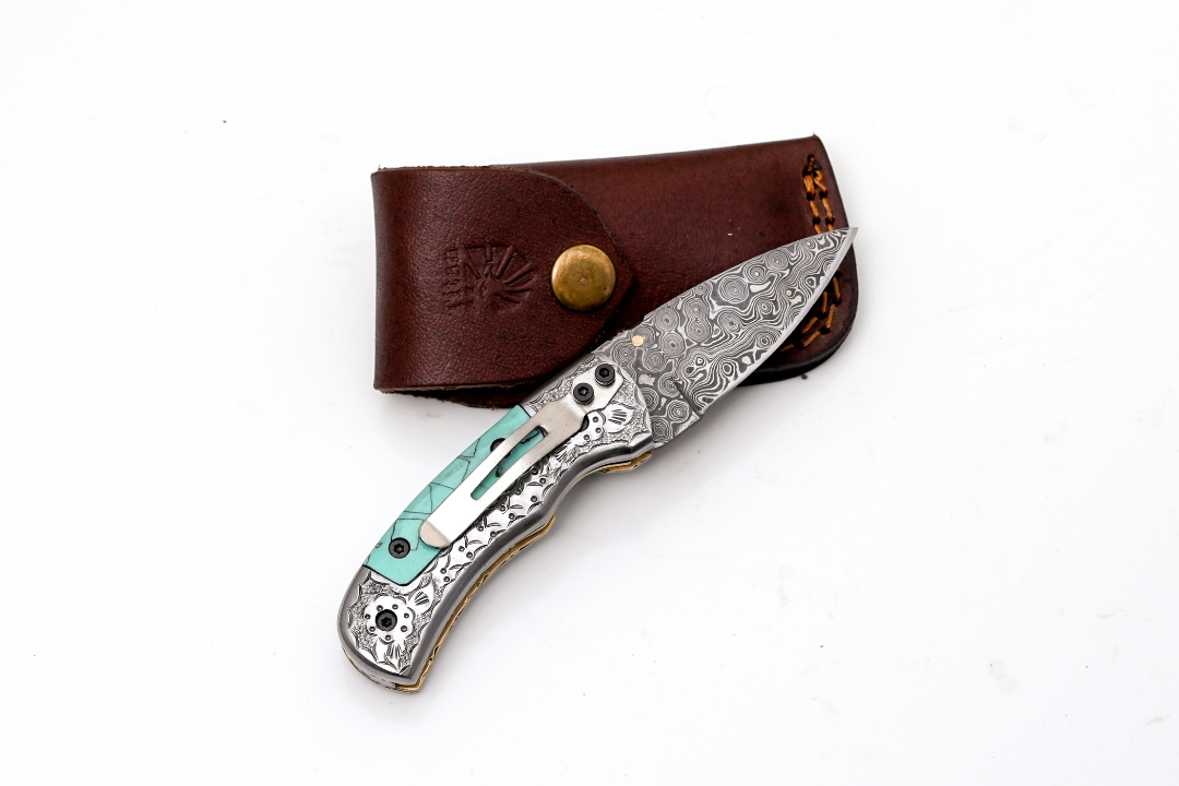 Hand-Forged Damascus Folder | Turquoise Handle, Engraved Bolster &amp; Intricate Scrollwork - TF-076