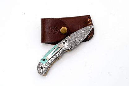 Hand-Forged Damascus Folder | Turquoise Handle, Engraved Bolster &amp; Intricate Scrollwork - TF-076